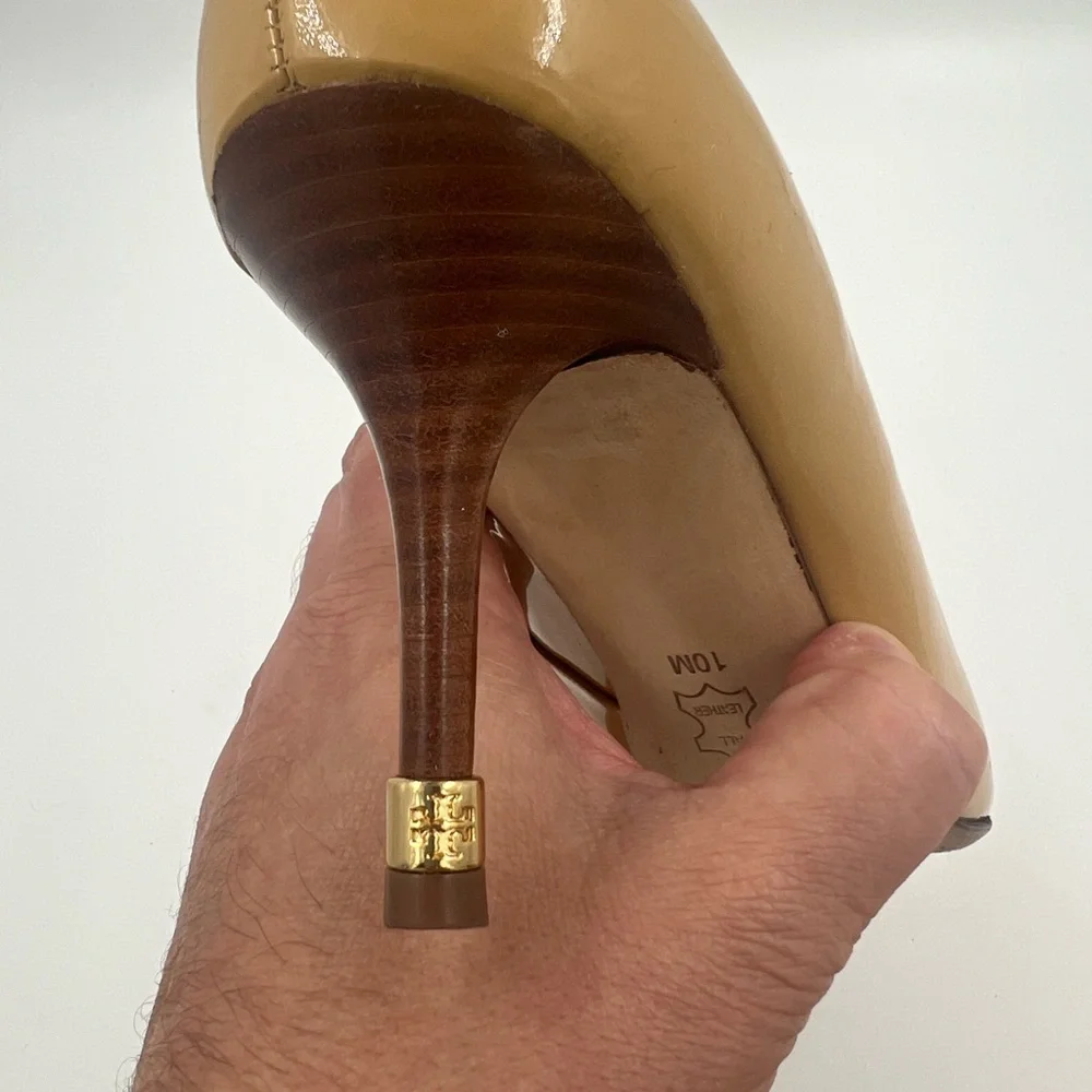 Tory Burch Women’s Open‎ Toe Patent Leather Heels Tan 10 Rounded Toe Peep Toe
